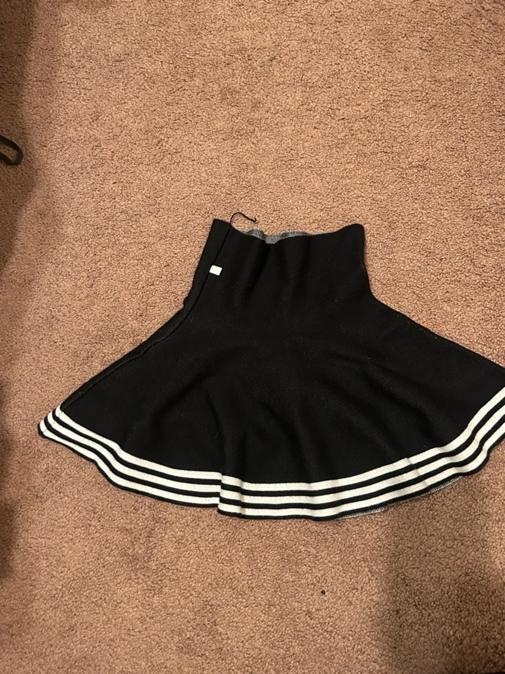 Black Knit Flared Skirt with White Stripe Hem